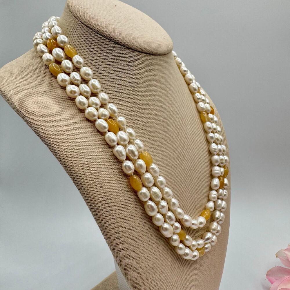 Flapper Length Cultured Pearl and Peach Gemstone Necklace Knotted Beachy Summery - Picture 3 of 16